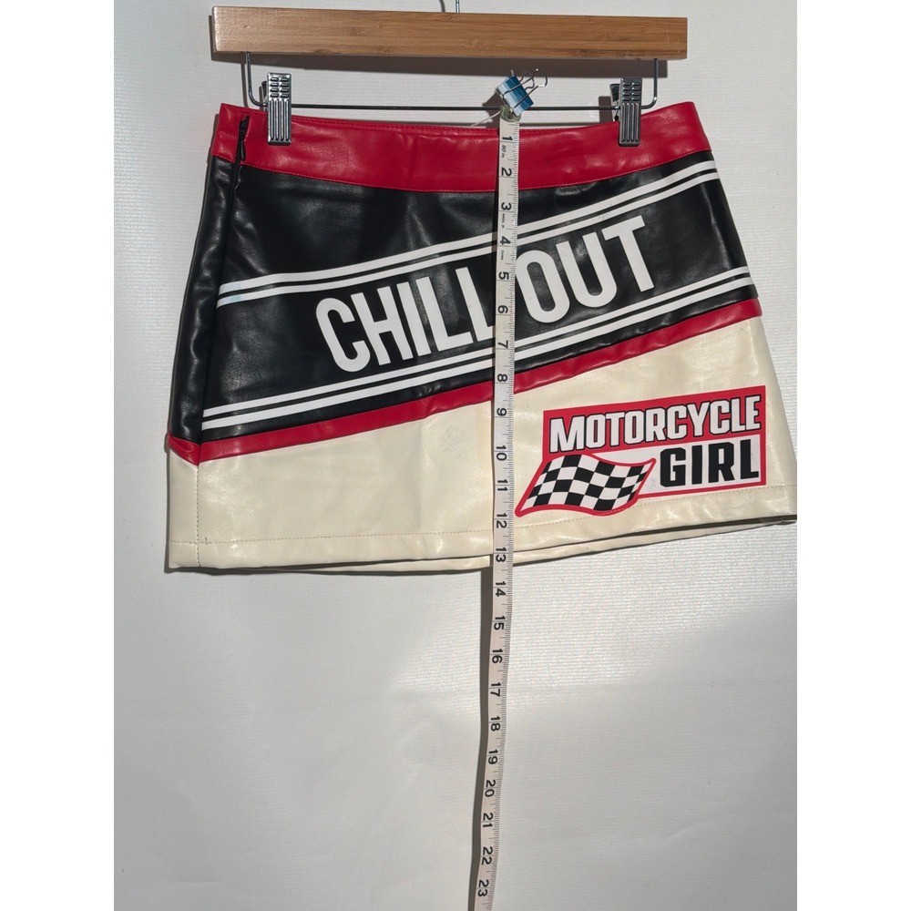 Motorcycle Girl Faux Leather Mini Skirt S US 4 EU 36 Red Black Racing Graphic - Picture 2 of 6